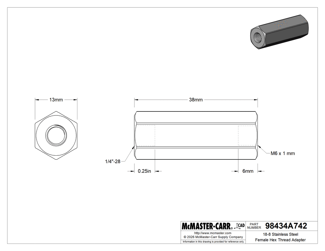 Technical Drawing of 18-8 Stainless Steel Female Hex Thread Adapter, 1/4"-28 to M6 x 1 mm Thread Size.